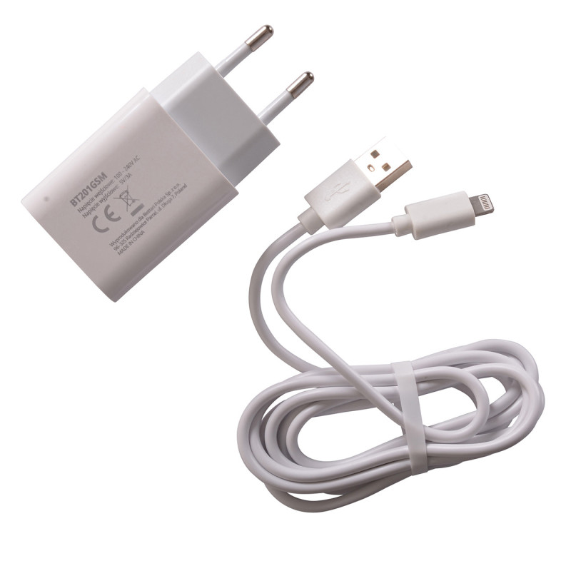 Ładowarka QC 3.0 USB z kablem 8 PIN 150 cm, biały kolor ładowarki, kabel biały