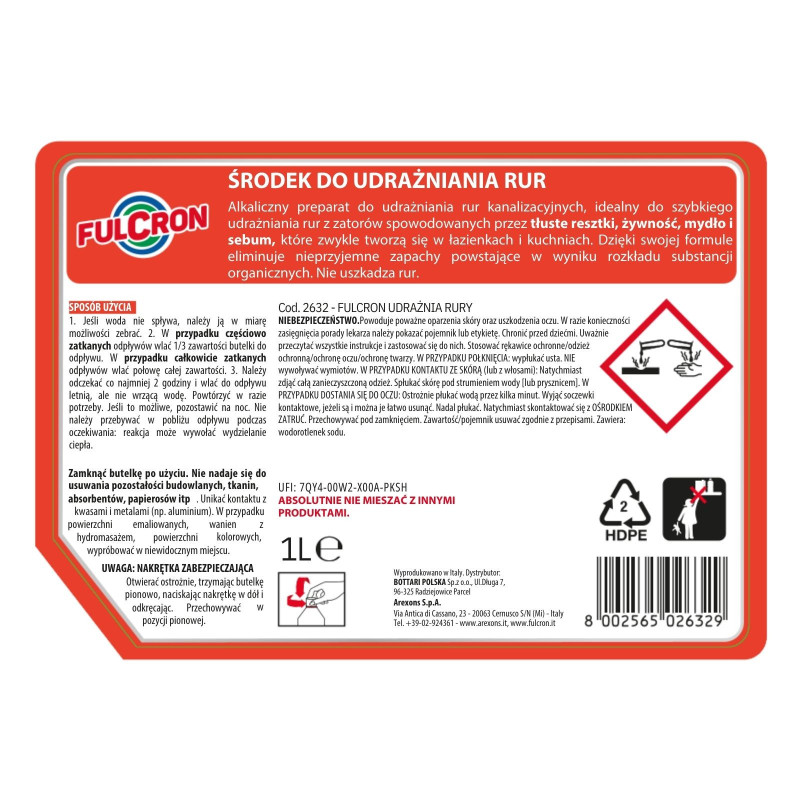 Środek do udrażniania rur 1l FULCRON, etykieta, sposób użycia