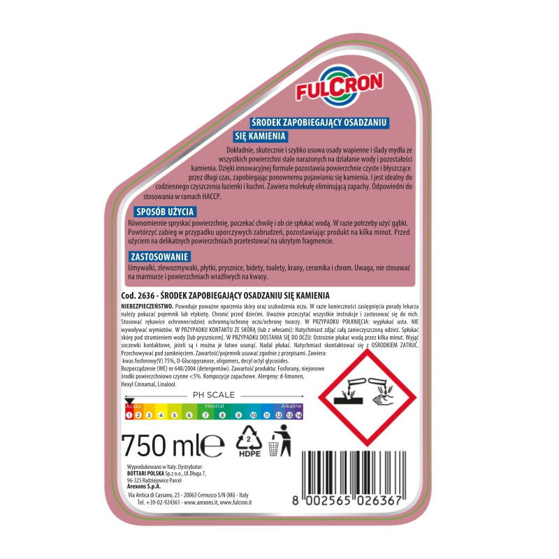 Środek zapobiegający osadzaniu się kamienia 750ml FULCRON, etykieta ze sposobem użycia