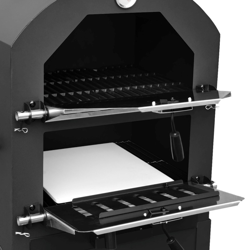 Grill węglowy ogrodowy VESUVIO 3w1 z komorą do pieczenia pizzy, otwarte drzwiczki palenisk
