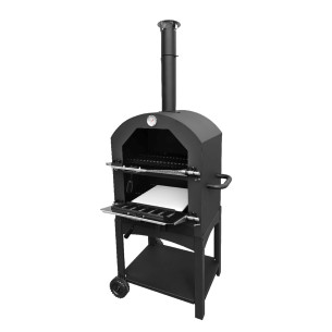 Grill węglowy ogrodowy VESUVIO 3w1 z komorą do pieczenia pizzy, widok na otwarte komory palenisk