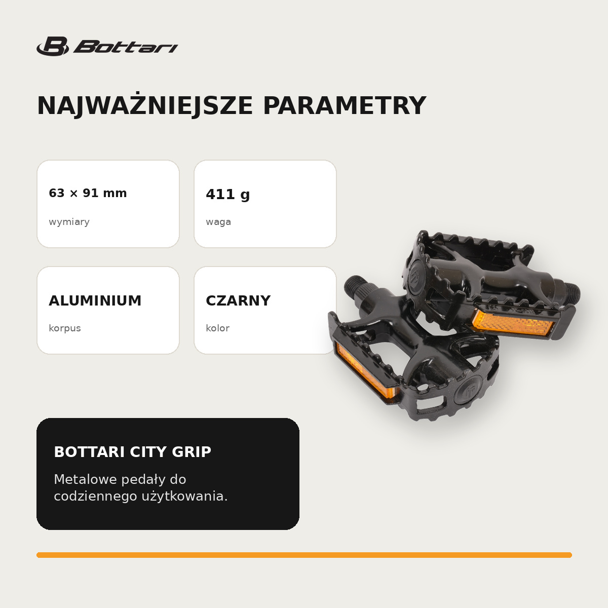 Specyfikacja pedałów Bottari City Grip - 63 × 91 mm, 411 g, aluminium