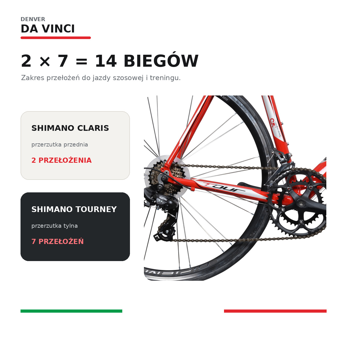 Napęd Shimano 2 na 7 w rowerze Denver Da Vinci – Claris i Tourney