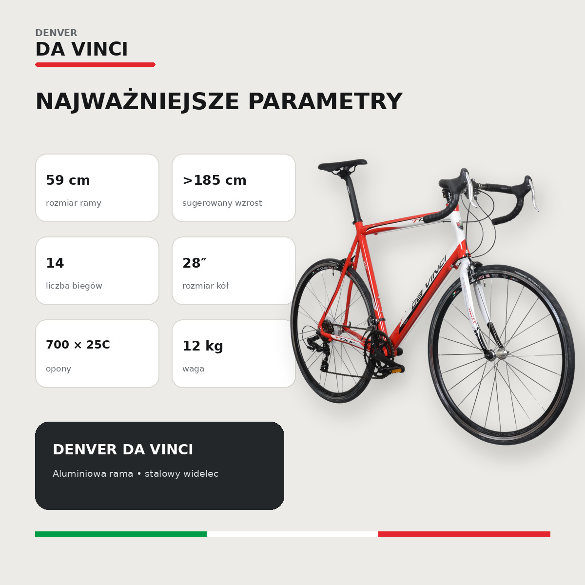 Parametry roweru szosowego Denver Da Vinci – rama 59 cm, 14 biegów i koła 28 cali