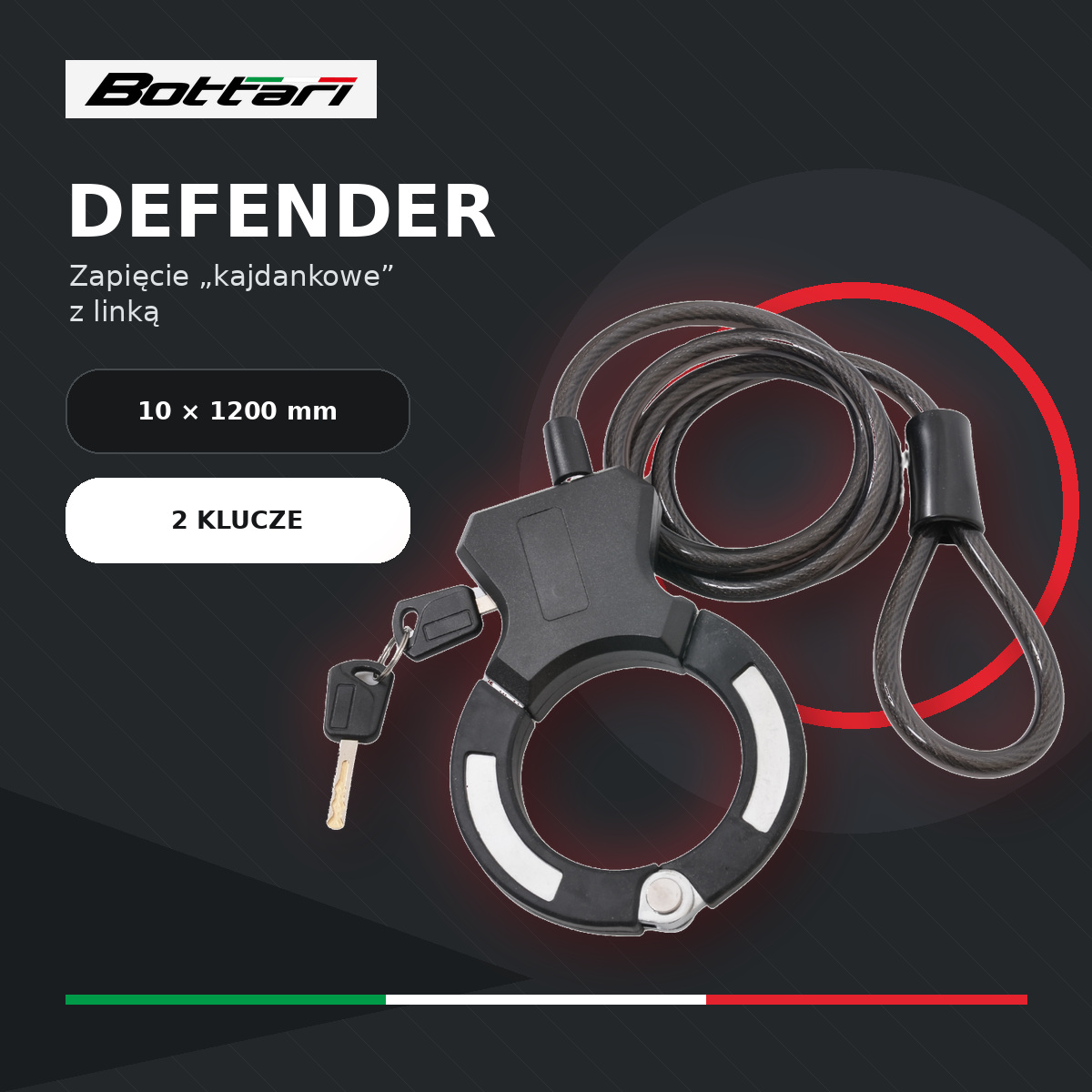 Zapięcie Bottari DEFENDER do roweru i hulajnogi z linką 10 × 1200 mm