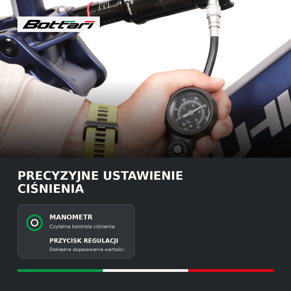 Regulacja ciśnienia amortyzatora pompką Bottari Dual Press z manometrem