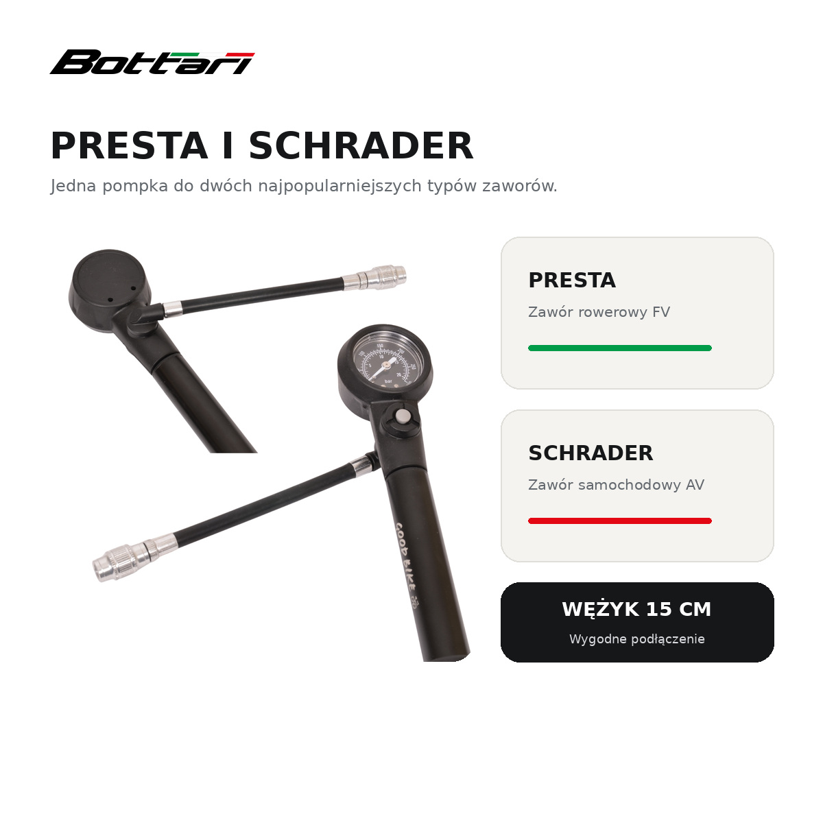 Pompka Bottari Dual Press do zaworów Presta i Schrader z wężykiem 15 cm