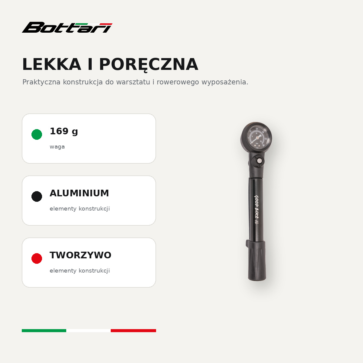 Lekka pompka rowerowa Bottari Dual Press z aluminium i tworzywa - 169 g