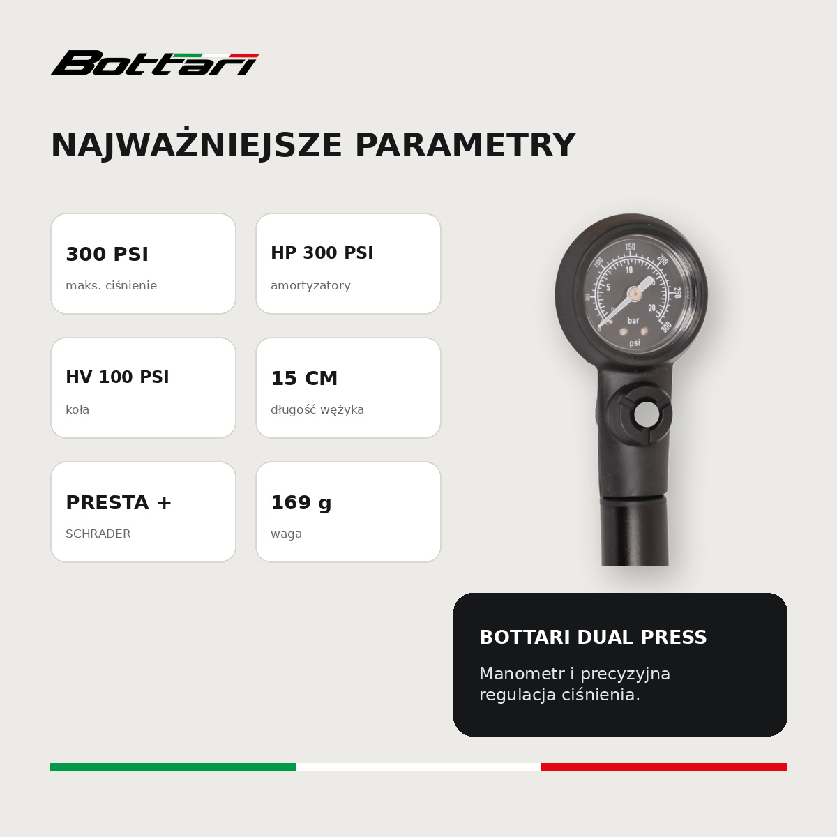 Specyfikacja pompki Bottari Dual Press - 300 PSI, HP, HV, Presta i Schrader