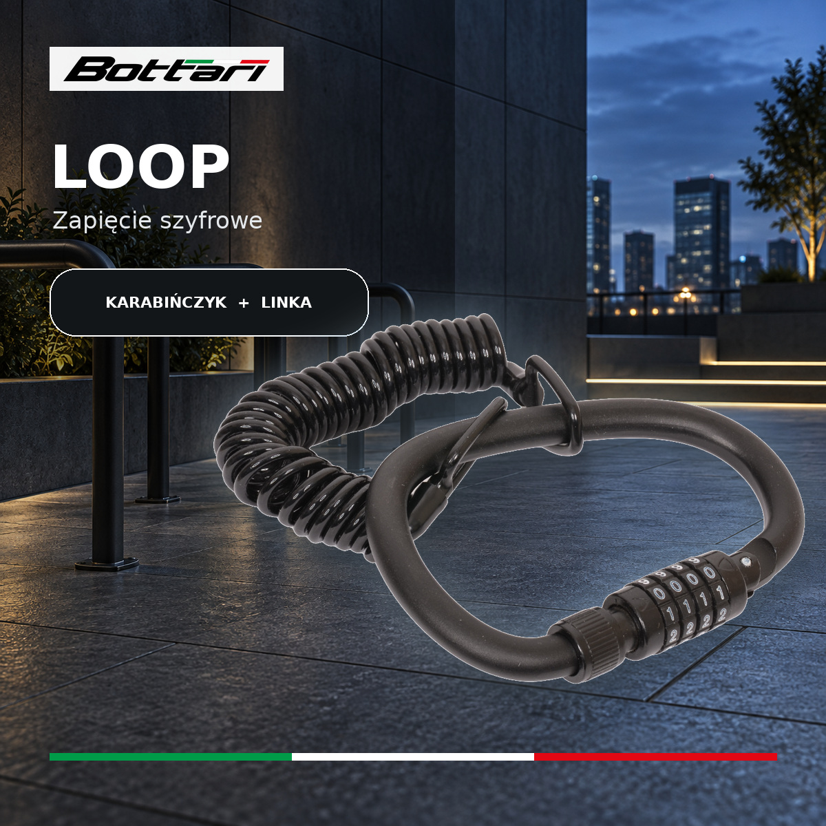 Zapięcie rowerowe szyfrowe Bottari LOOP z karabińczykiem i linką