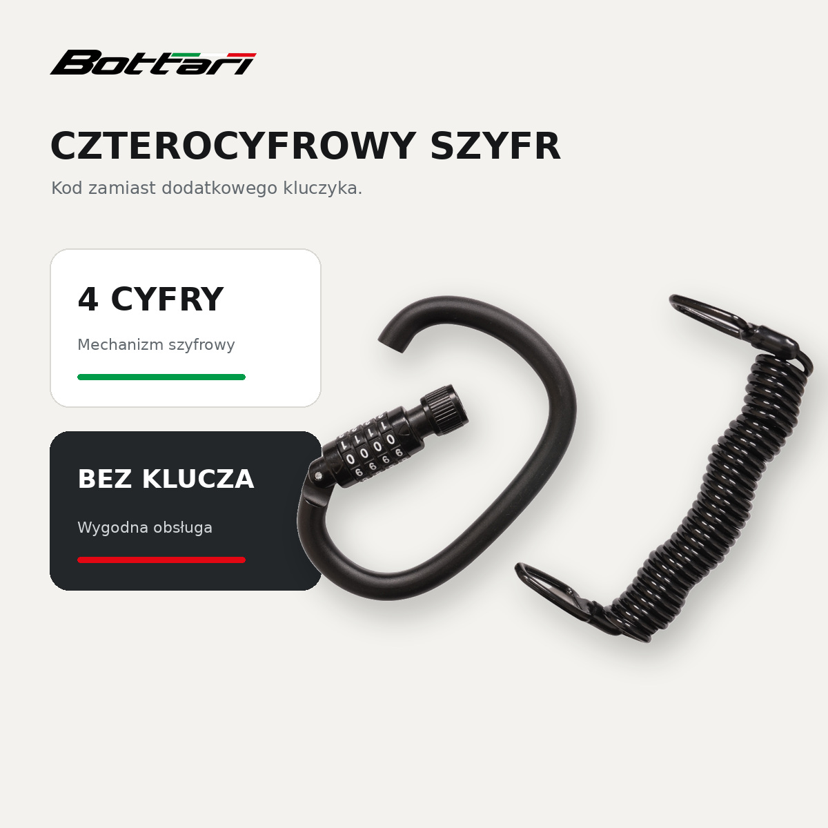 Czterocyfrowy szyfr w zapięciu rowerowym Bottari LOOP