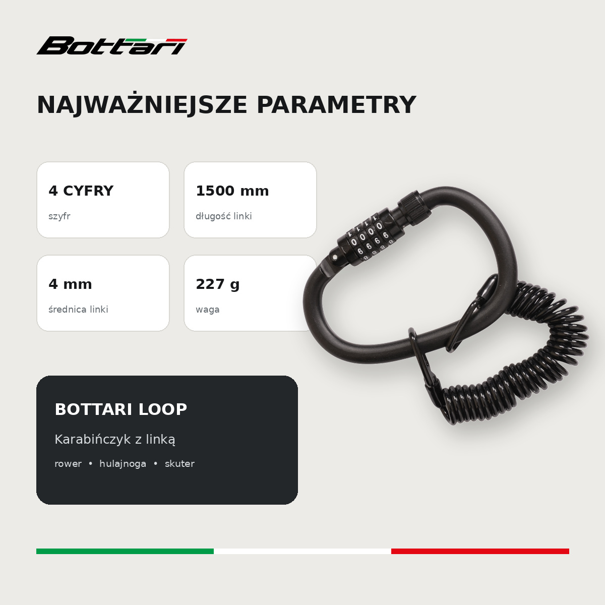 Parametry zapięcia Bottari LOOP – szyfr 4-cyfrowy, linka 1500 na 4 mm, waga 227 g