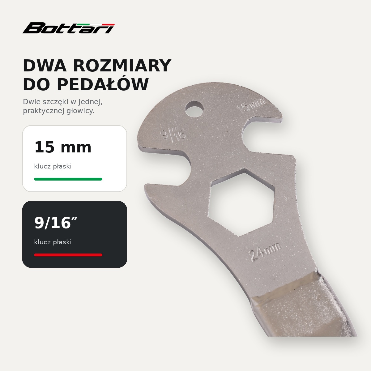 Rozmiary klucza do pedałów Bottari PEDAL PRO 15 mm i 9/16 cala