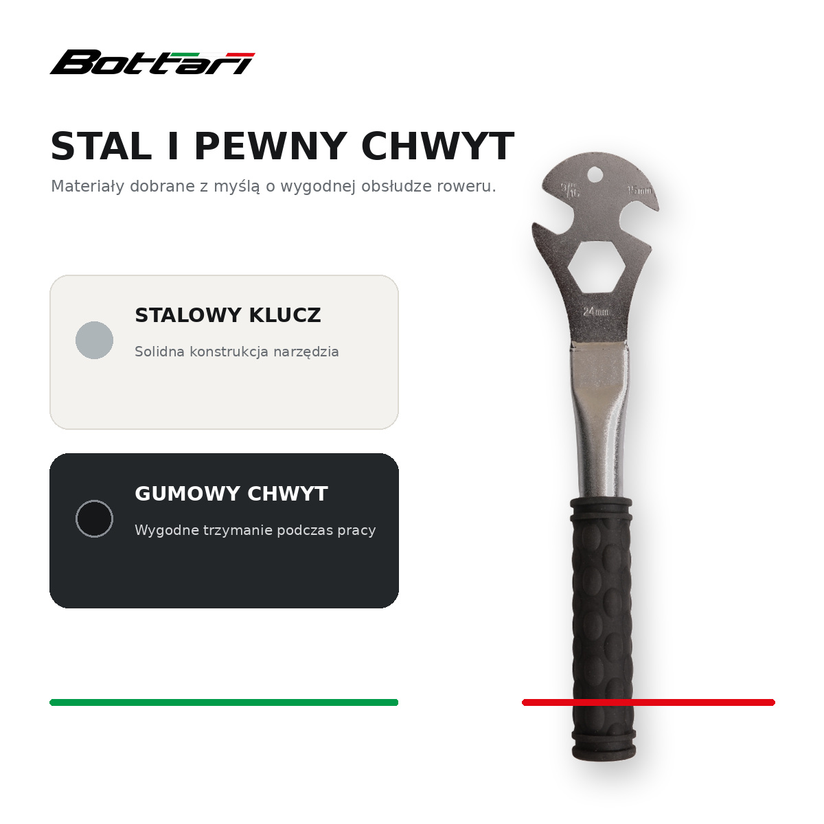 Stalowy klucz do pedałów Bottari PEDAL PRO 15 z gumowym chwytem