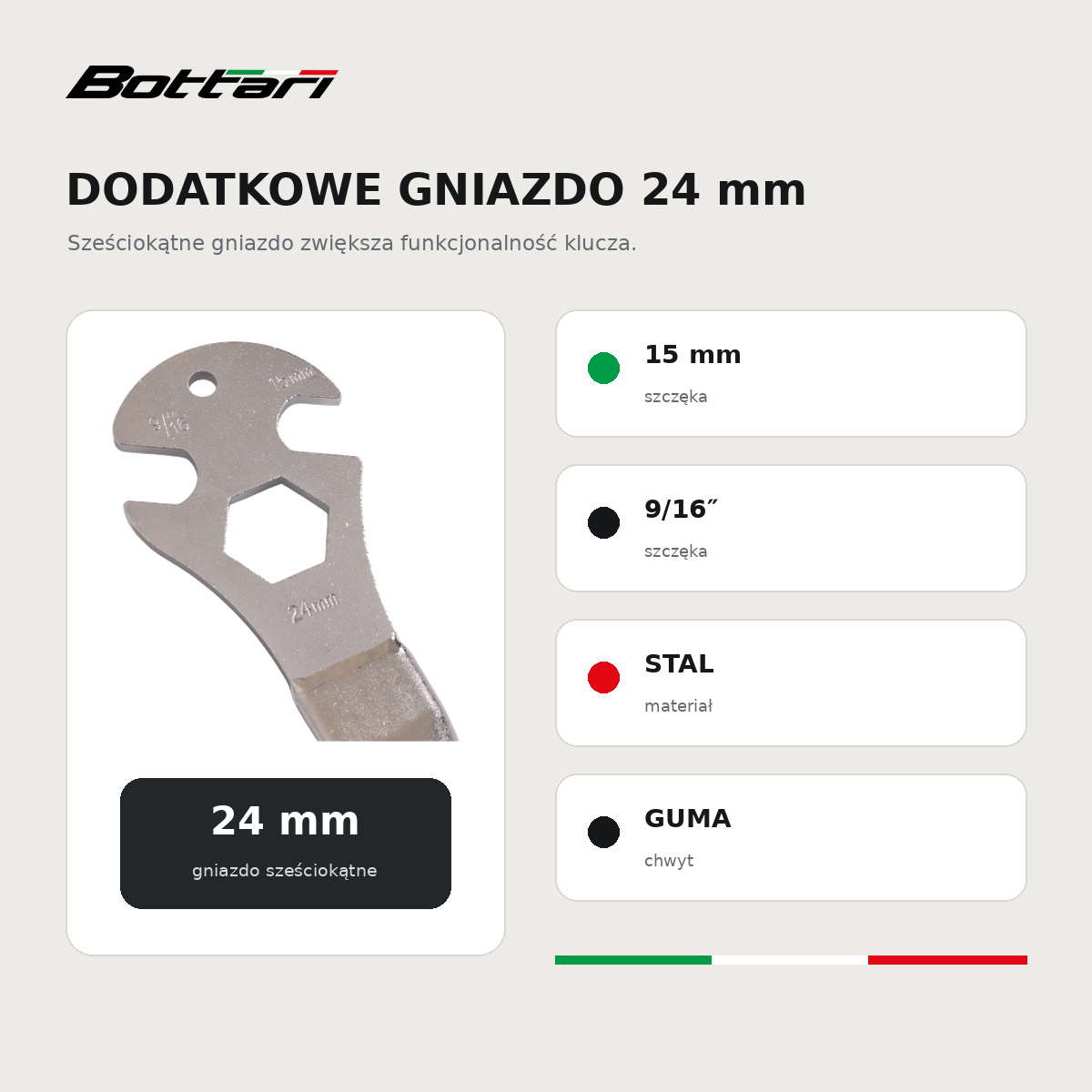 Klucz Bottari PEDAL PRO 15 z gniazdem 24 mm – najważniejsze parametry
