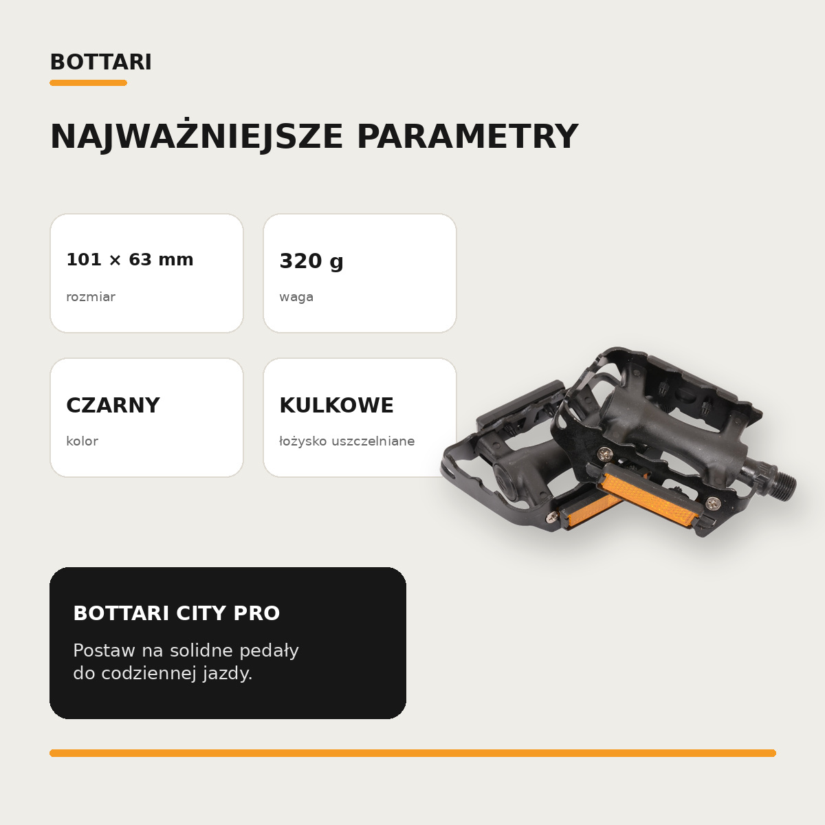 Specyfikacja pedałów rowerowych Bottari City Pro – 101 × 63 mm, 320 g, kolor czarny